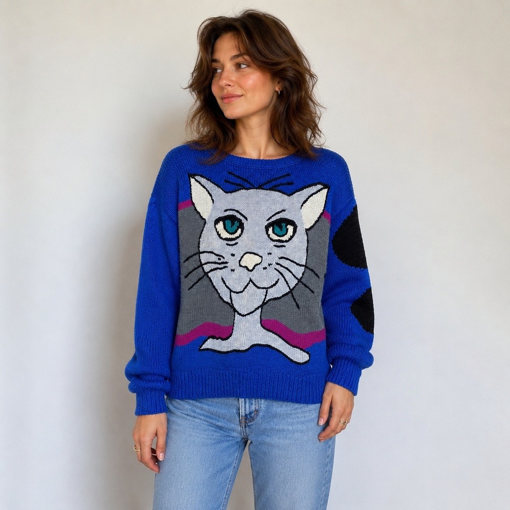 Vintage 80s‎ Nannell Hand Knit Cat Novelty Sweater Womens Small Blue Wool Blend